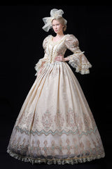 Champagne Trumpet Sleeves Lace Stitching High Waisted Hollow Embroidery Print Victorian Lolita Prom Dress - Product - 2