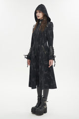 Black Faux Leather Splice With Hood Irregular Pattern Print Long Women's Punk Coat - Product - 4