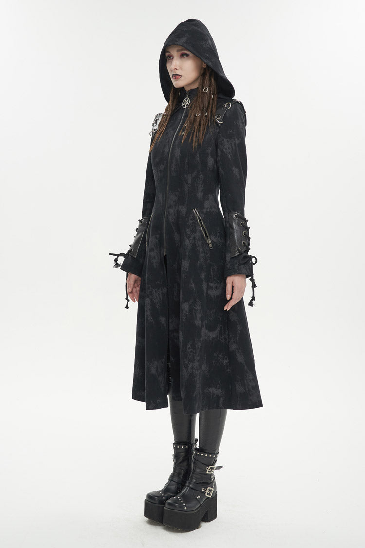 Black Faux Leather Splice With Hood Irregular Pattern Print Long Women's Punk Coat - Product - 4