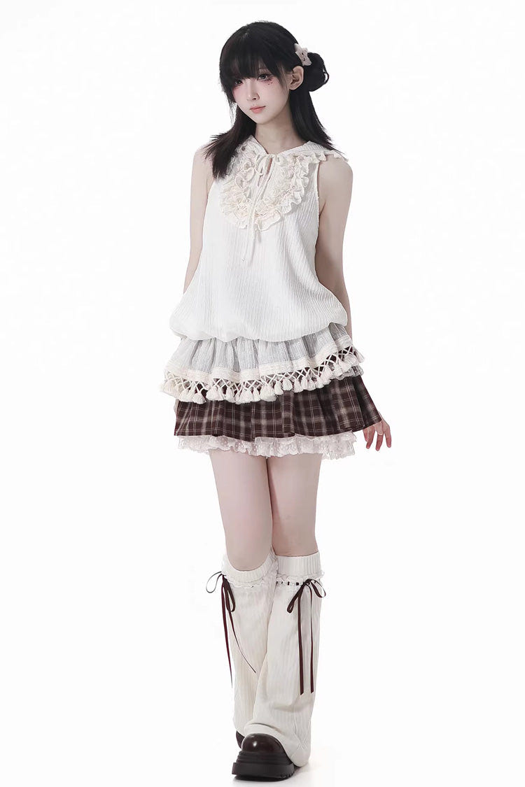 Brown [Warm Summer Days] Double-Layered Printed Ruffled Spliced Lace Sweet Lolita Skirt - Product - 6
