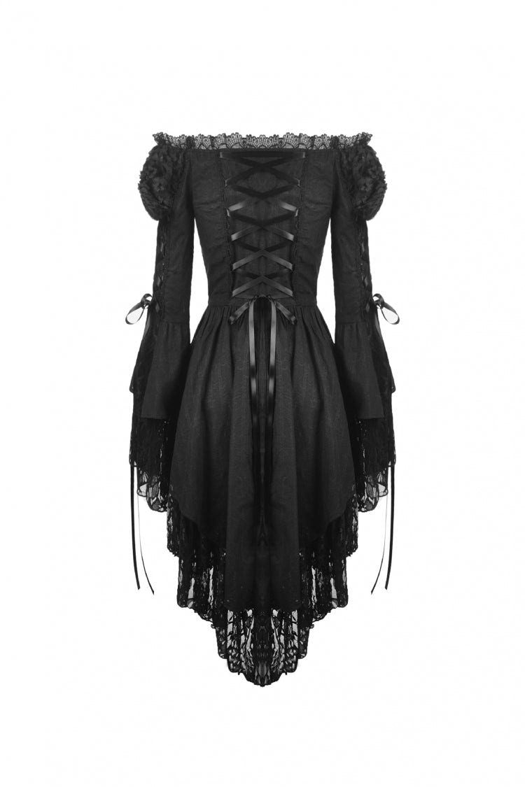 Black Off Shoulder Long Trumpet Puff Sleeves Lace-Up Strappy Mesh Women's Gothic Cocktail Dress - Product - 13