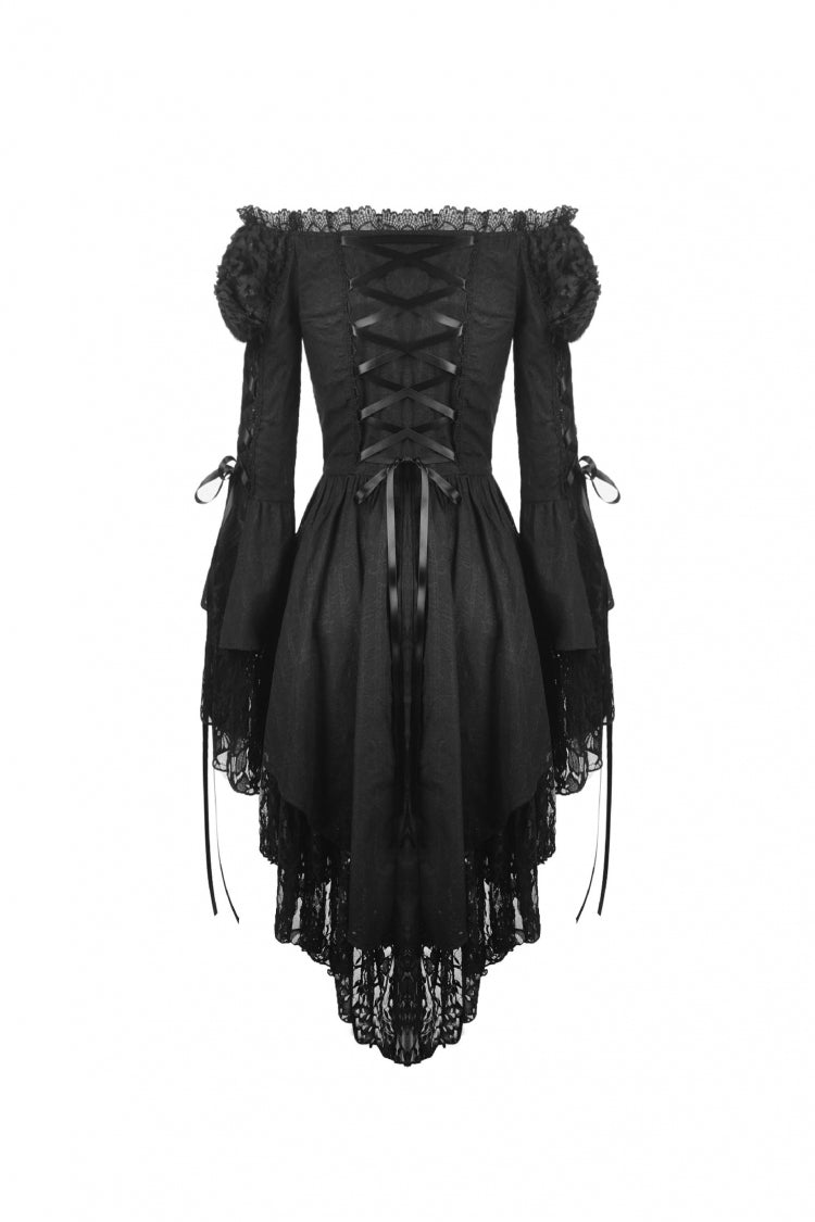 Black Off Shoulder Long Trumpet Puff Sleeves Lace-Up Strappy Mesh Women's Gothic Cocktail Dress - Product - 13