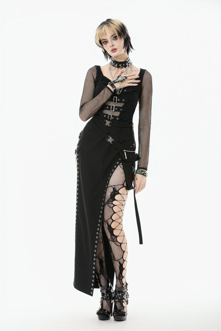 Black Mesh Spliced Long Sleeves Buckled Strap Eyelet Women's Punk Top - Product - 8