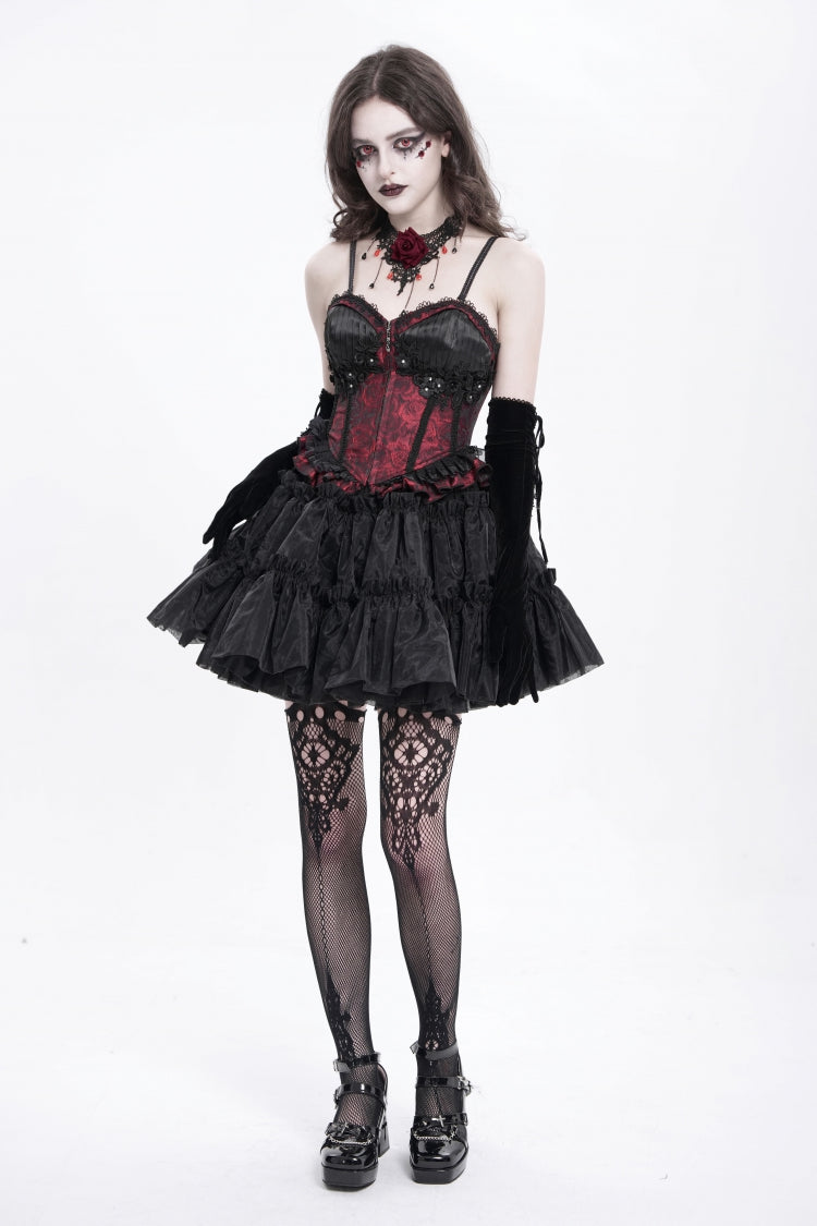 Red Sleeveless Ruffle Embroidery Lace-Up Women's Gothic Tank Top - Product - 11