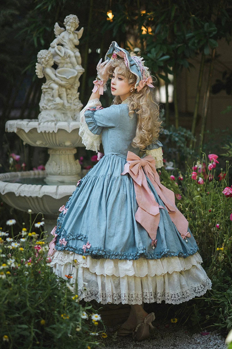 Blue [Lilica Garden] Lapel Collar Short Trumpet Sleeves Ruffled Open-Front Bow Lace Sweet Elegant Luxurious Lolita Dress - Product - 4
