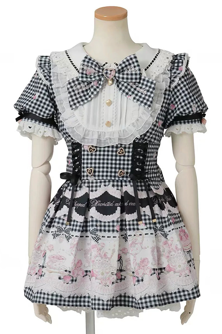 [Tea Party] Lapel Collar Short Sleeves Printed Bow Lace-Up Sweet Jirai Kei Plus Size Dress 3 Colors - Black - 1