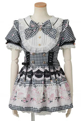 [Tea Party] Lapel Collar Short Sleeves Printed Bow Lace-Up Sweet Jirai Kei Plus Size Dress 3 Colors - Black - 1