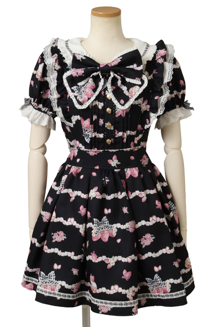 Black [Creamy Berry] Print Short Puff Sleeves Ruffle Bowknot Lace-Up Sweet Jirai Kei Japanese Dress - Product - 3