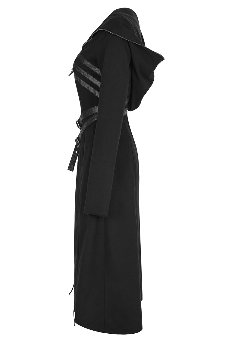 Black Long Sleeves Hooded Asymmetric Women's Gothic Military Coat With Belt - Product - 7