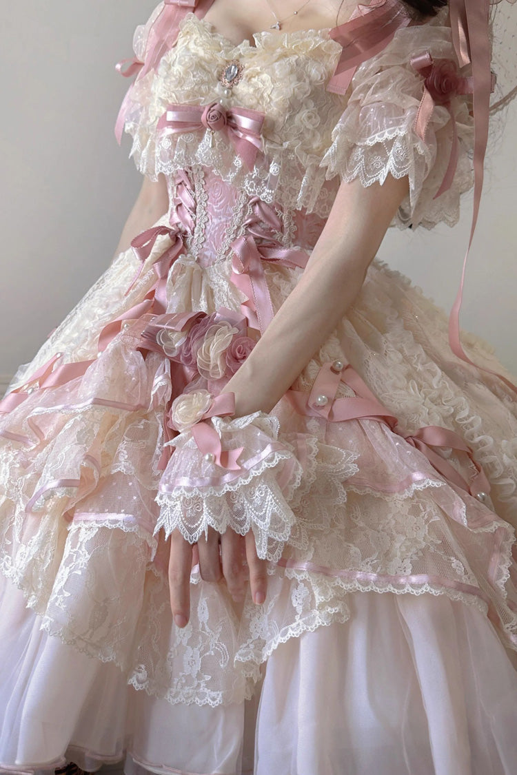 Pink [Diane Rose] Short Sleeves Multi-Layered Jacquard Ruffle Hanayome Cardigan Bowknot Lace Sweet Lolita Dress - Product - 10