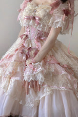Pink [Diane Rose] Short Sleeves Multi-Layered Jacquard Ruffle Hanayome Cardigan Bowknot Lace Sweet Lolita Dress - Product - 10