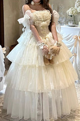 Off White [Mousse Love Song] Sleeveless Multi-Layered Ruffled Hanayome Bow Sweet Lolita Dress - Product - 8