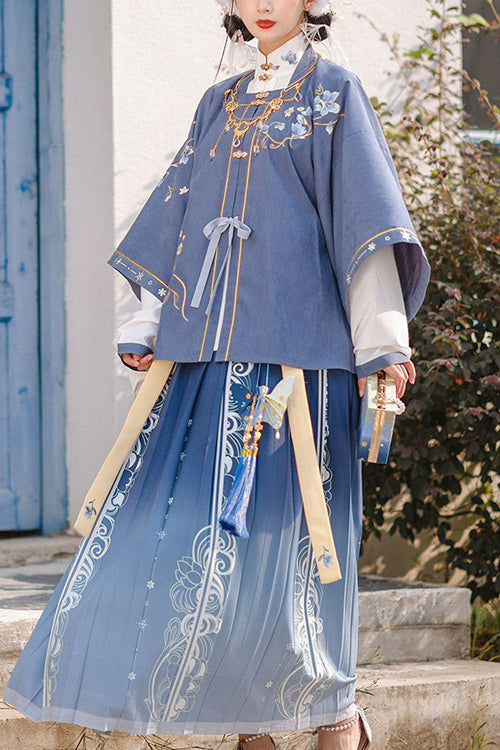 Original Improved Blue Chinese Style Ming Made Wide Sleeved Top High Waisted Skirt Embroidered Sweet Hanfu Three Piece Suit - Blue - 1