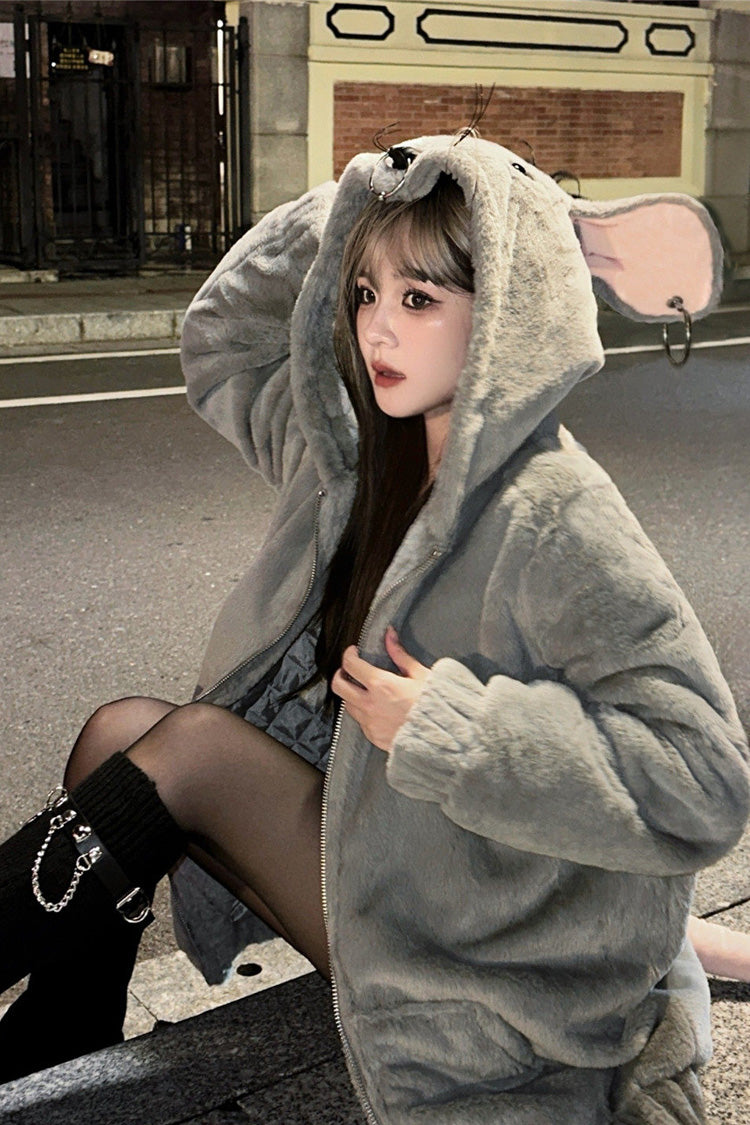Grey Mouse Ears and Tail Long Sleeves Punk Jirai Kei Japanese Plush Coat - Product - 5