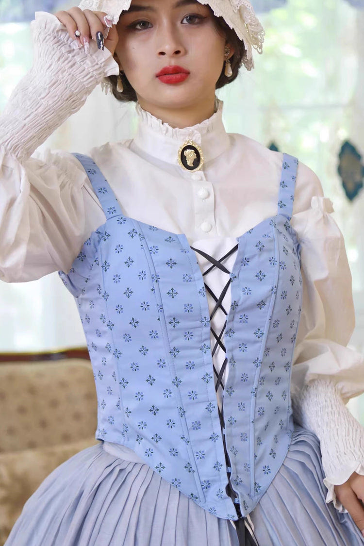 Light Blue [Bashu Girl] Long Puff Sleeves Print Lace-Up Fishbone Corset Sweet Lolita Skirt Dress Three-Piece Set - Product - 12
