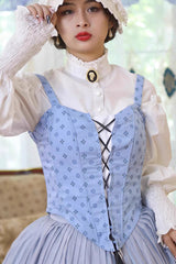 Light Blue [Bashu Girl] Long Puff Sleeves Print Lace-Up Fishbone Corset Sweet Lolita Skirt Dress Three-Piece Set - Product - 12