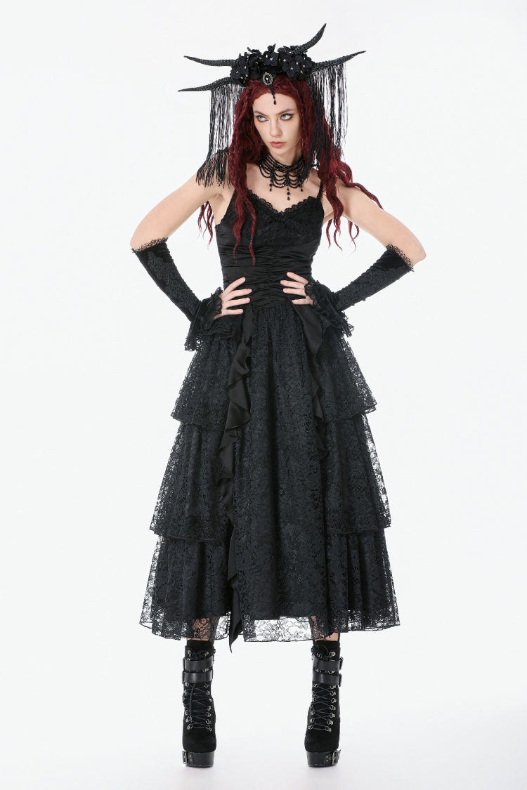 Black Sleeveless Multi-Layered Lace Ruched Women's Gothic Slip Maxi Dress Wedding Dress - Product - 11