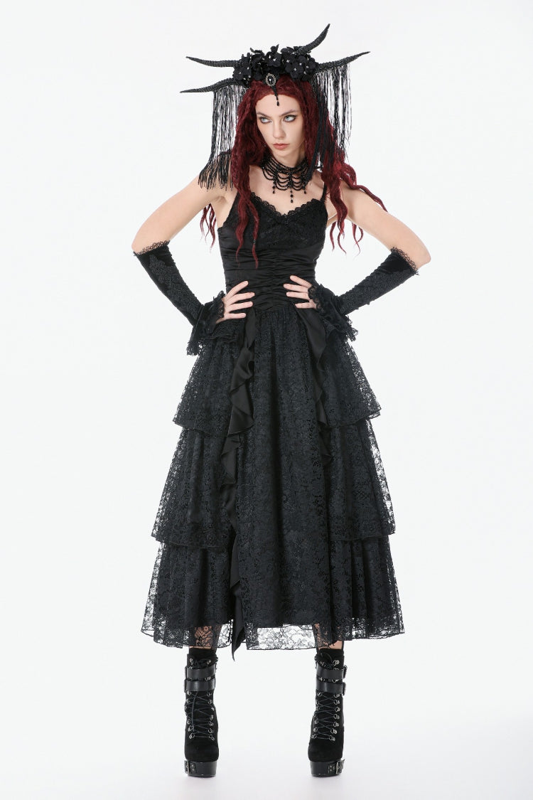 Black Sleeveless Multi-Layered Lace Ruched Women's Gothic Slip Maxi Dress Wedding Dress - Product - 11