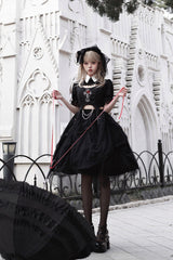 Black Rose Embroidered Cutout Top Irregular Short Sleeves Gothic Lolita Dress Set - Product - 6