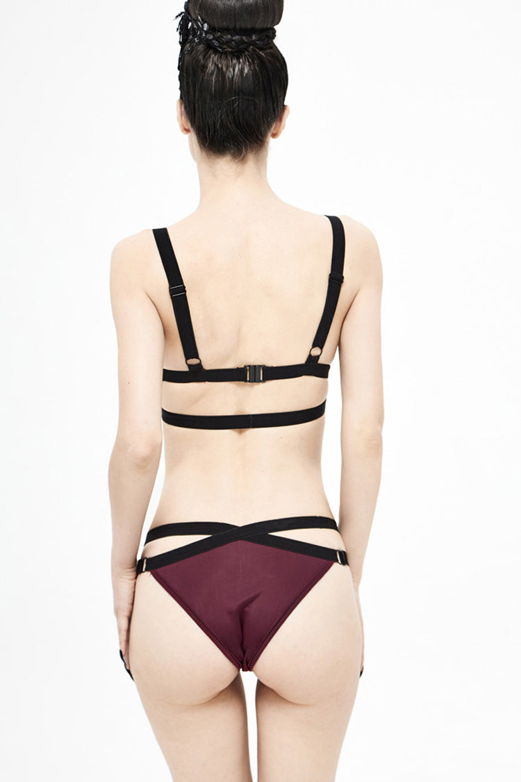 Wine Cross Strap Lace Women's Gothic Swimsuit Set - Product - 4