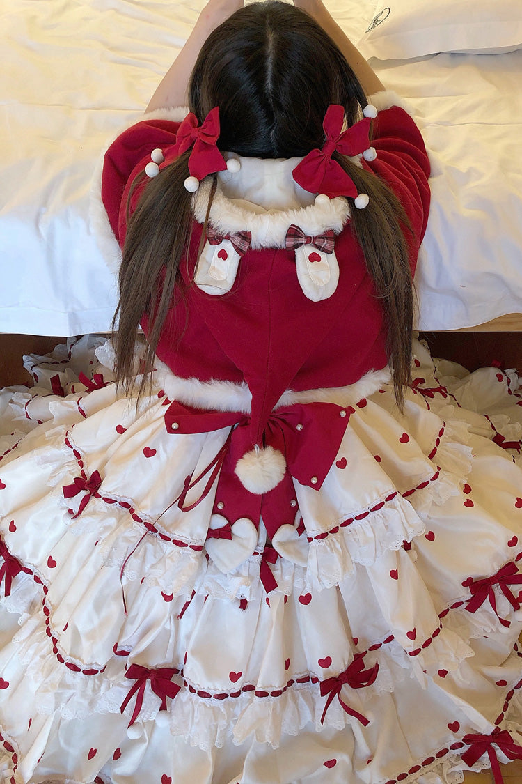Red/Apricot Triple-Layered Print Ruffle Bowknot Lace Sweet Princess Lolita Dress Cloak Set - Product - 13