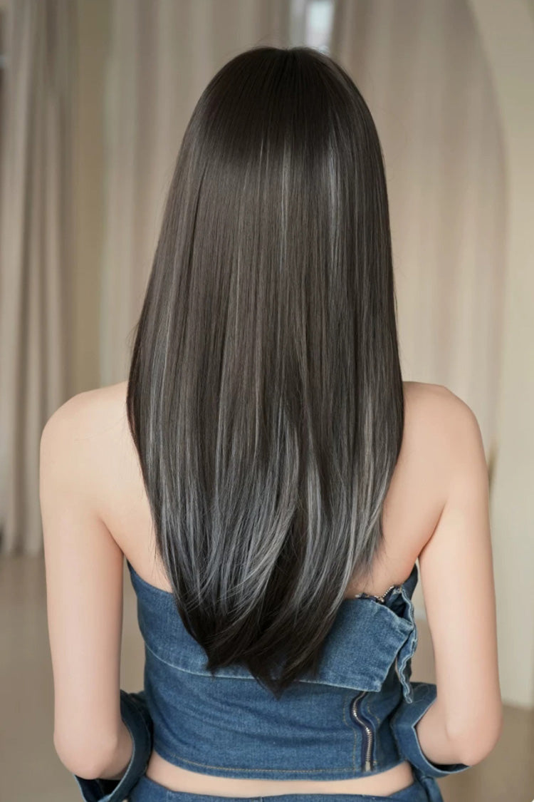 Multi-Color Clear Water Blue Highlights Full Bangs Long Straight Lolita Wig - Product - 3