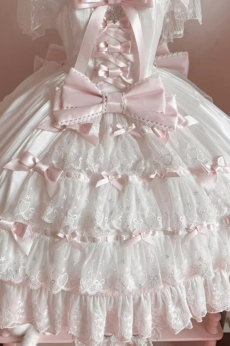 White/Pink [Snow of Love] Ruffled Hanayome Open-Front Bow Lace Sweet Princess Lolita Dress - Product - 10