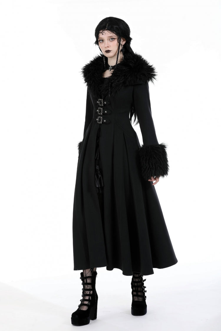 Black Long Sleeves Lace-Up Buckled Women's Gothic Draped Coat with Faux Fur Collar - Product - 11