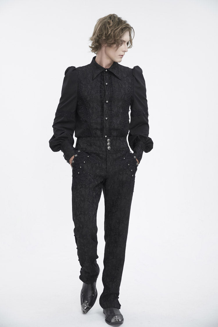 Black Lapel Collar Lantern Sleeves Jacquard Embroidery Men's Gothic Blouse - Product - 2