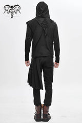 Black Long Sleeves Asymmetric Tatters Strip Leather Metal Loop Hooded Men's Punk T-Shirt - Product - 5