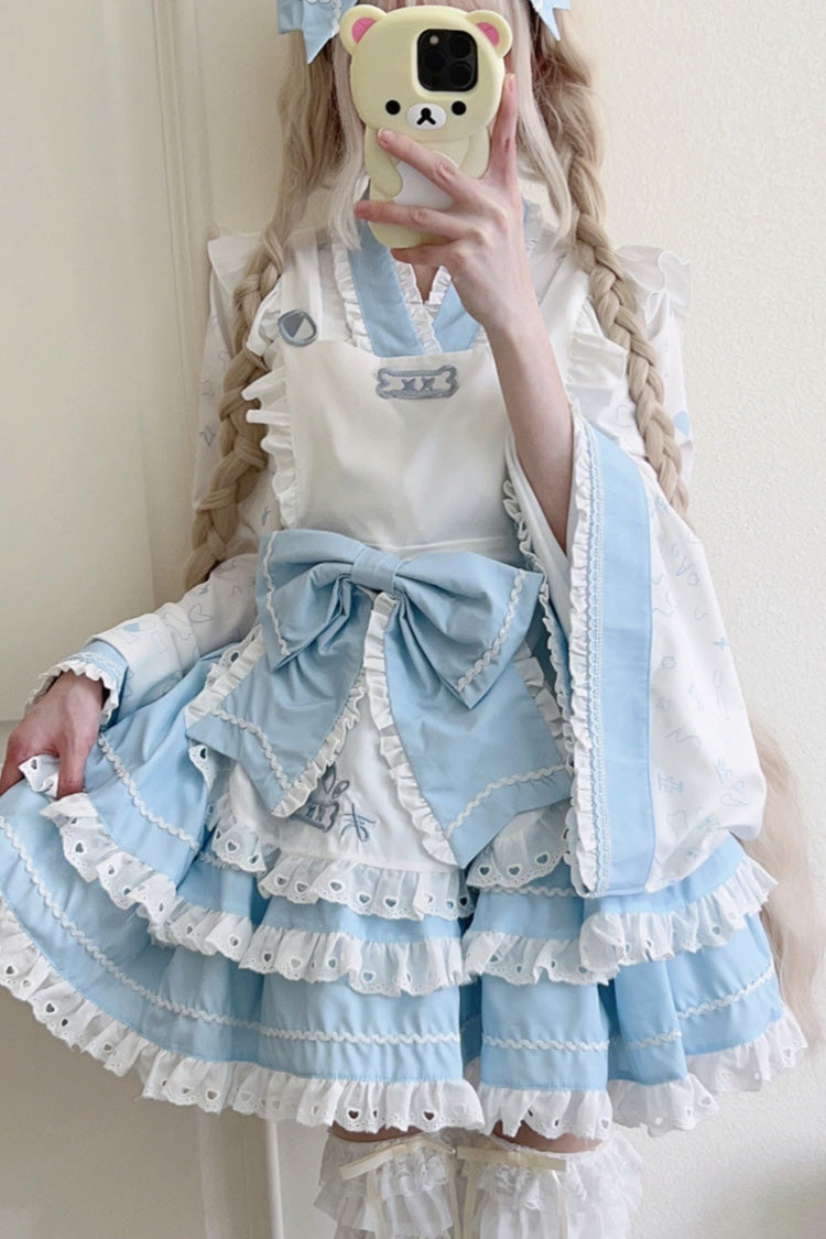 Blue/White Double-Layered Ruffle Bowknot Maid Sweet Lolita Skirt Set - Product - 3