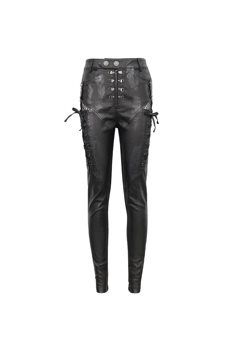 Black Stretch Faux Leather Paneled Mesh Women's Punk Trousers - Product - 6