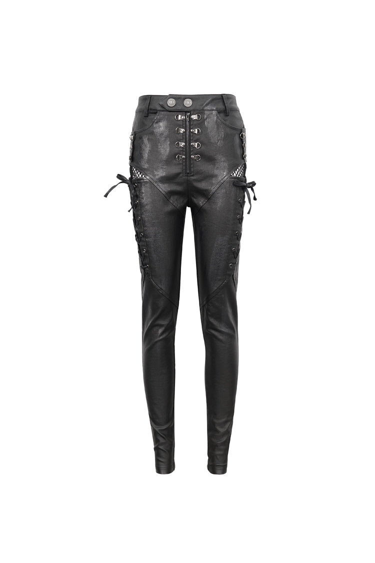 Black Stretch Faux Leather Paneled Mesh Women's Punk Trousers - Product - 6