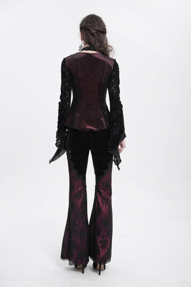 Red Long Trumpet Sleeves Jacquard Cutout Women's Gothic Blouse - Product - 5