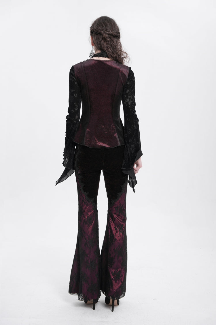 Red Long Trumpet Sleeves Jacquard Cutout Women's Gothic Blouse - Product - 5