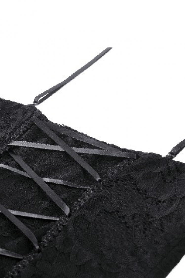 Black Sleeveless Side Slit Ruffled Lace Lace-Up Women's Gothic Maxi Slip Wedding Dress - Product - 16