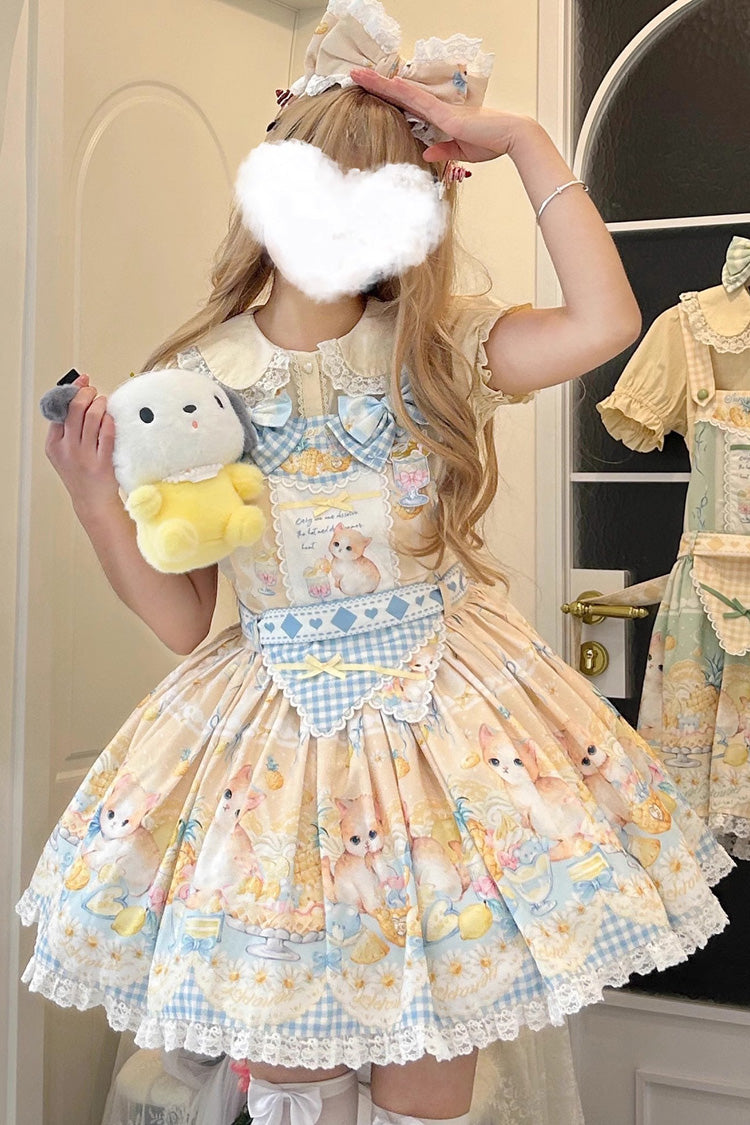 Yellow [Pineapple Cat] Print Sleeveless Bowknot Lace Sweet Lolita Strap Dress - Yellow - 1