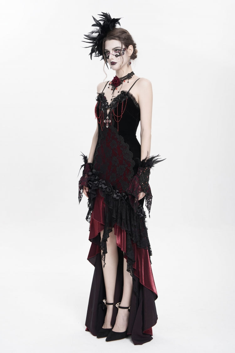 Black/Red Sleeveless Cross Ruffled Floral Embroidered Chain-Decorated Women's Gothic Long Slip Dress - Product - 3