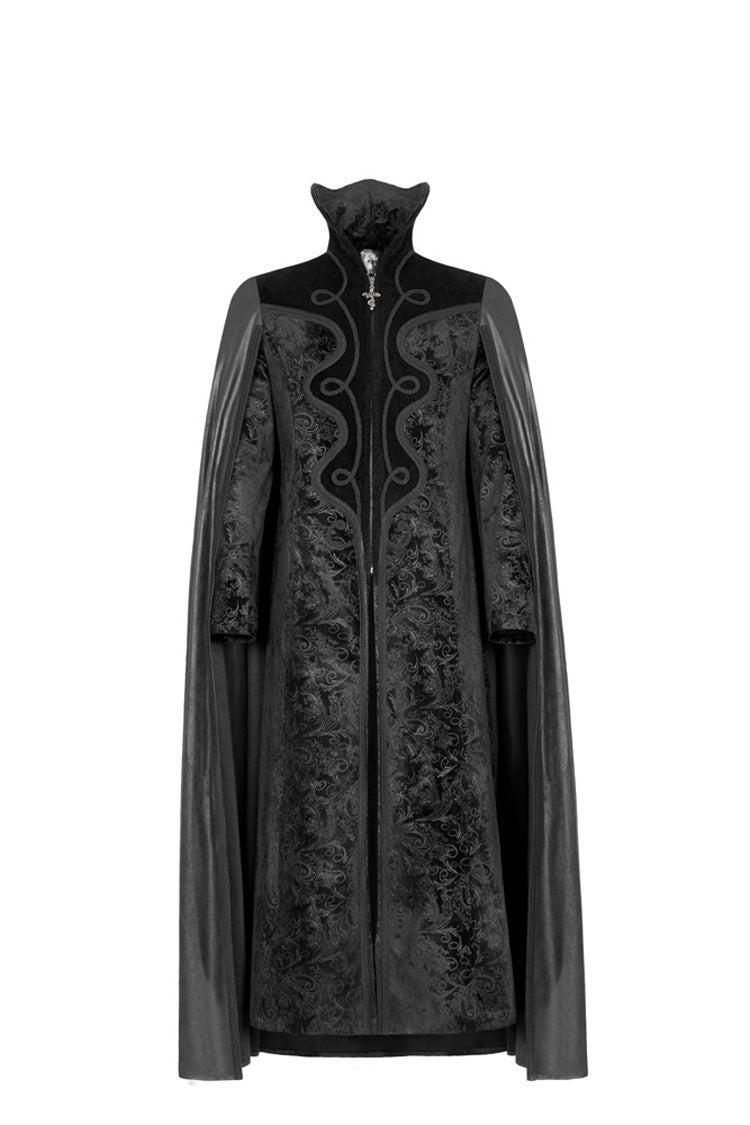 Black Long Sleeve Stand Up Collar Front Metal Decoration Paisley Pattern Embossed Velvet Men's Gothic Coat With Cloak - Product - 4