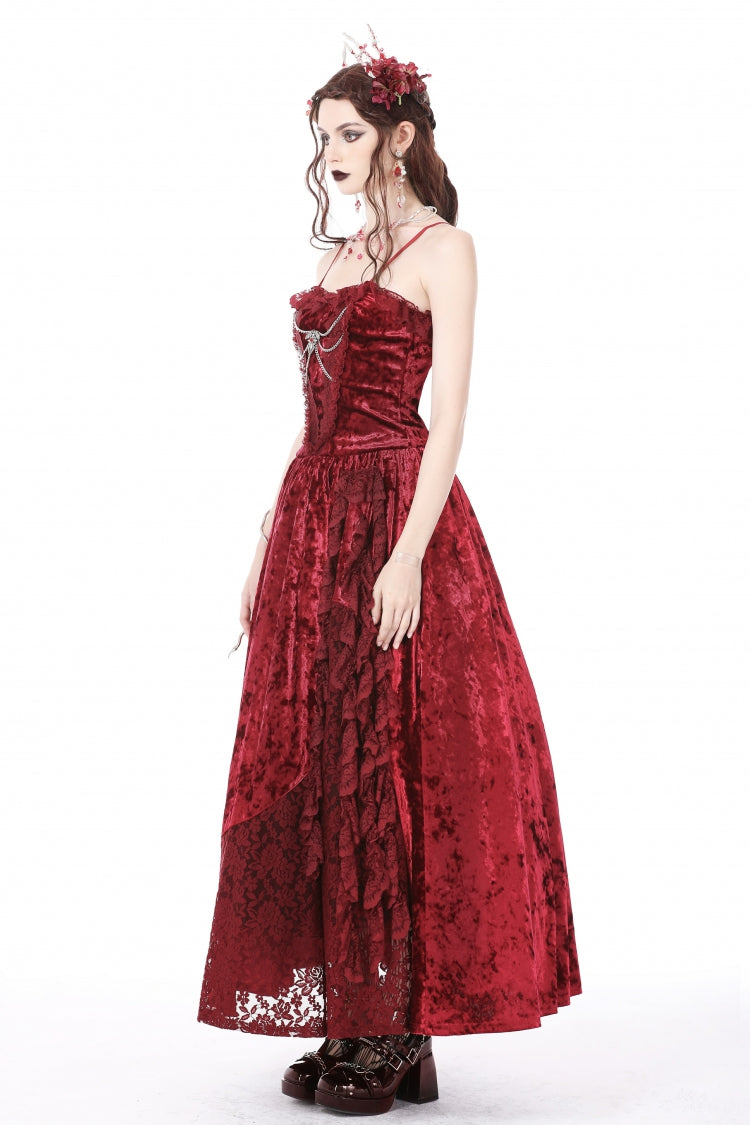 Red Sleeveless Spliced Lace Chain-Decorated Women's Gothic Velvet Slip Maxi Dress - Product - 2