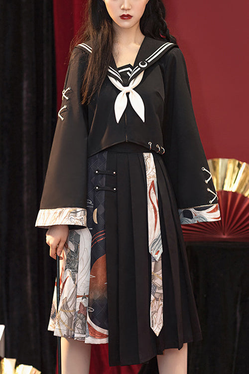 Black Bad Girl Chinese Elements Printed Asymmetric Pleated Skirt Full Set Of Classic Lolita Dress - Black - 1