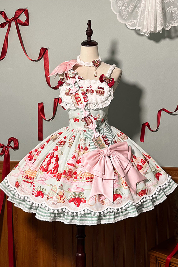 Mint Strawberry Dessert Print Natural Waisted Ruffle Bowknot Sweet Lolita JSK Dress 4 Colors - Product - 26