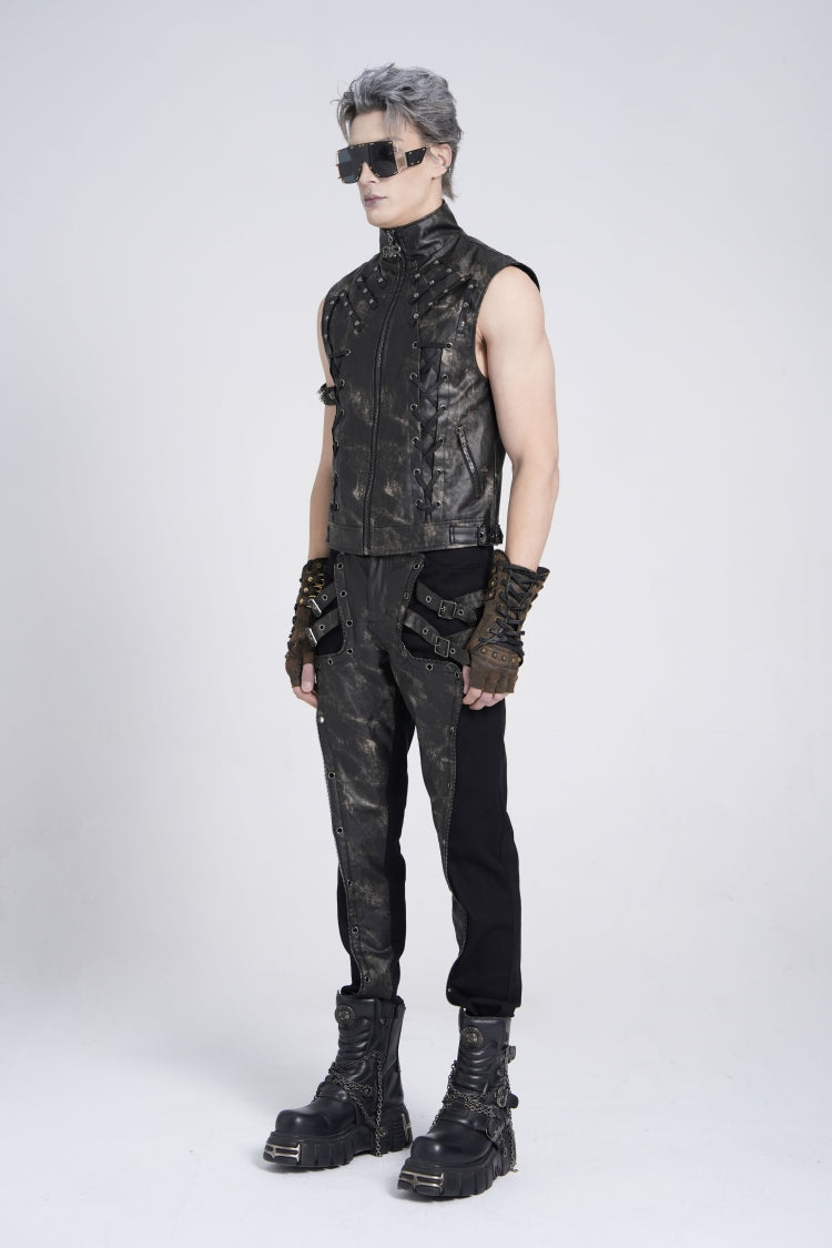Black Stand Collar Sleeveless Strappy Stitching Zipper Men's Gothic Vest - Product - 8