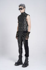 Black Stand Collar Sleeveless Strappy Stitching Zipper Men's Gothic Vest - Product - 8