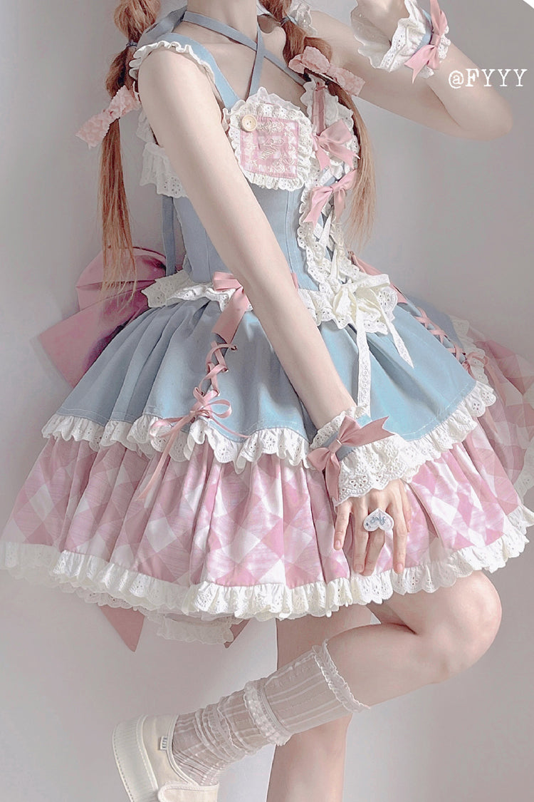 Blue/Pink [Sweetheart Cowboy] Plaid Print Ruffle Bowknot Sweet Lolita Skirt Set - Product - 4