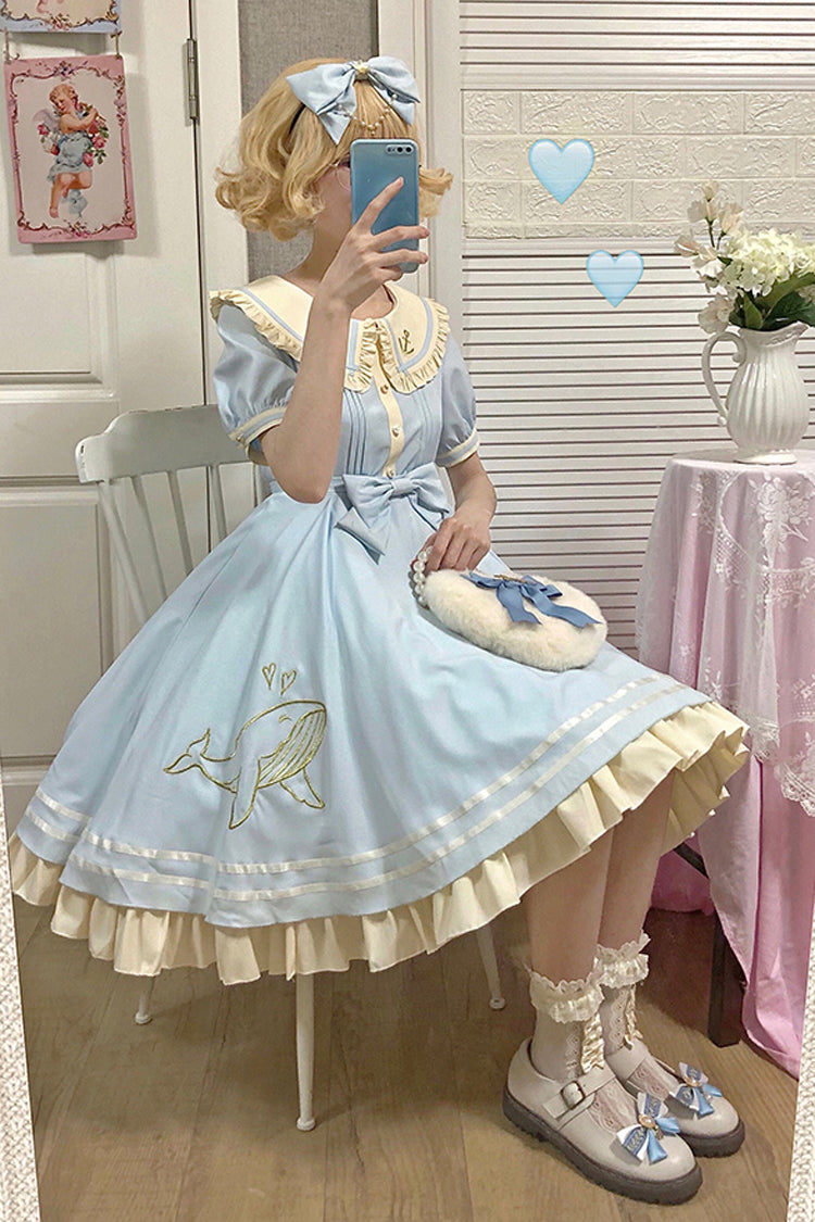 Little Sea Whale Navy Sailor Short Sleeves Sweet Lolita OP Dress 3 Colors - Product - 11