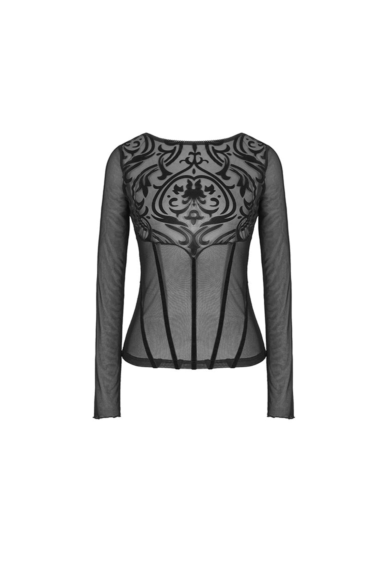 Black Flower Pattern False Girdle Mesh Long Sleeve Women's Gothic T-Shirt - Product - 4
