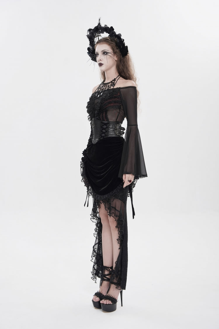 Black Embroidered Rose Lace-up Irregular Women's Gothic Hem Skirt - Product - 3