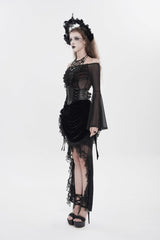 Black Embroidered Rose Lace-up Irregular Women's Gothic Hem Skirt - Product - 3