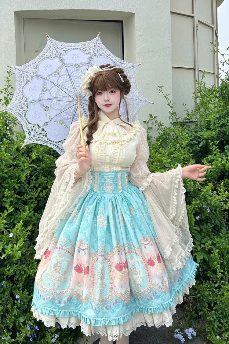 Blue [Moonlit Garden Secret] Print Ruffle Embroidery Lace Sweet Elegant Palace Lolita Skirt - Product - 7